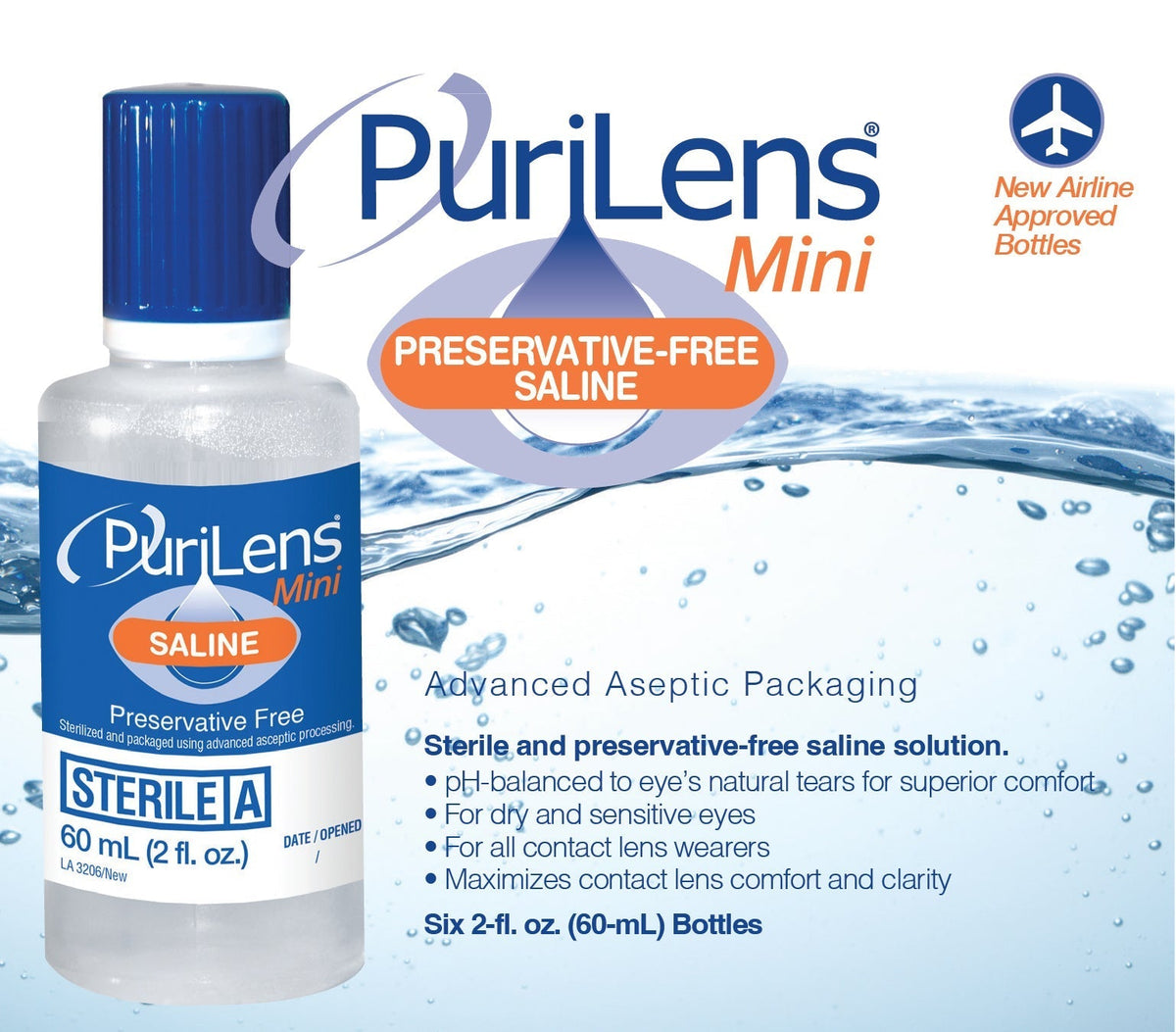 PuriLens Mini Preservative-Free Saline 60ml (2 fl. oz.) 6 Pack